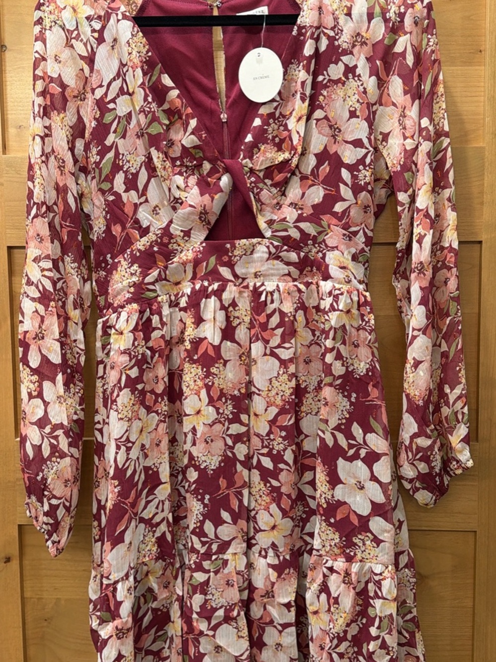 En Creme Burgundy Floral Long Sleeve Tie-Front Dress